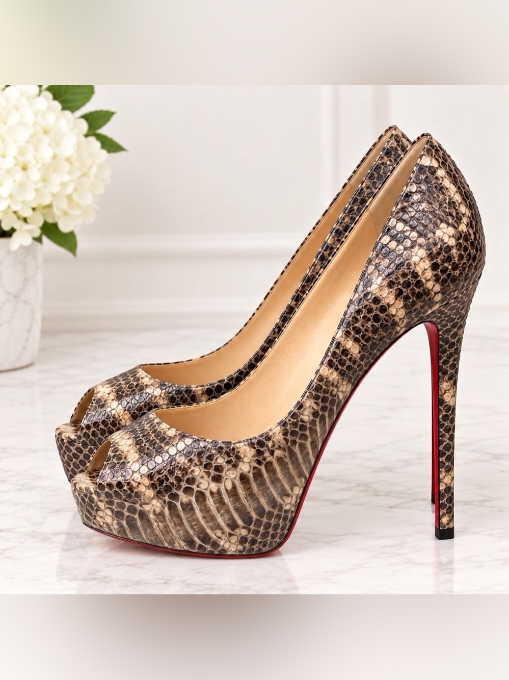 Christian Louboutin /Python Platform Peep-Toe Pumps Red Soles Sz. 9